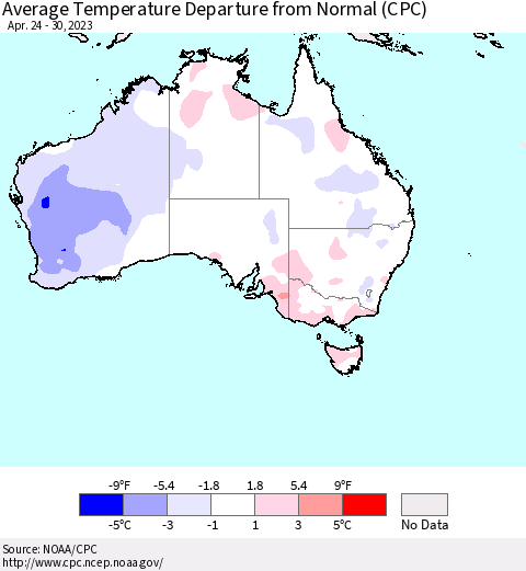 Australia Average Temperature Departure from Normal (CPC) Thematic Map For 4/24/2023 - 4/30/2023