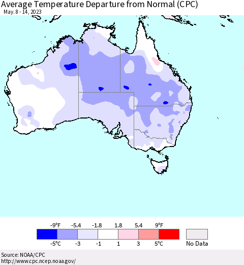 Australia Average Temperature Departure from Normal (CPC) Thematic Map For 5/8/2023 - 5/14/2023