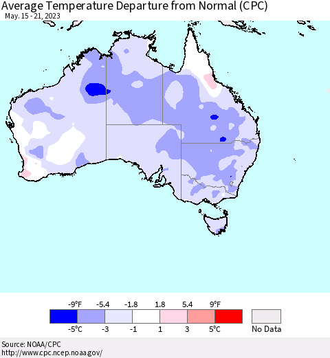 Australia Average Temperature Departure from Normal (CPC) Thematic Map For 5/15/2023 - 5/21/2023