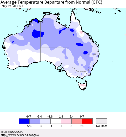 Australia Average Temperature Departure from Normal (CPC) Thematic Map For 5/22/2023 - 5/28/2023