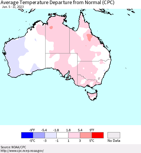 Australia Average Temperature Departure from Normal (CPC) Thematic Map For 6/5/2023 - 6/11/2023