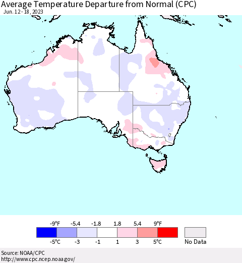 Australia Average Temperature Departure from Normal (CPC) Thematic Map For 6/12/2023 - 6/18/2023
