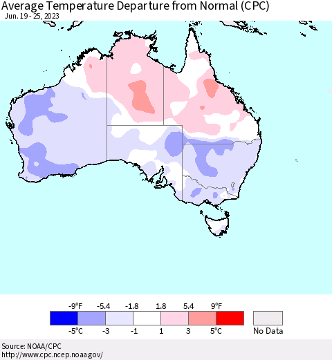 Australia Average Temperature Departure from Normal (CPC) Thematic Map For 6/19/2023 - 6/25/2023