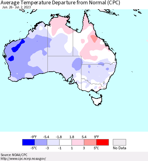 Australia Average Temperature Departure from Normal (CPC) Thematic Map For 6/26/2023 - 7/2/2023