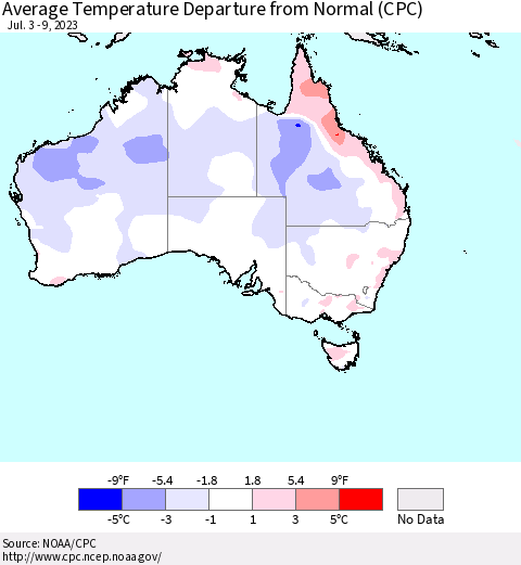 Australia Average Temperature Departure from Normal (CPC) Thematic Map For 7/3/2023 - 7/9/2023