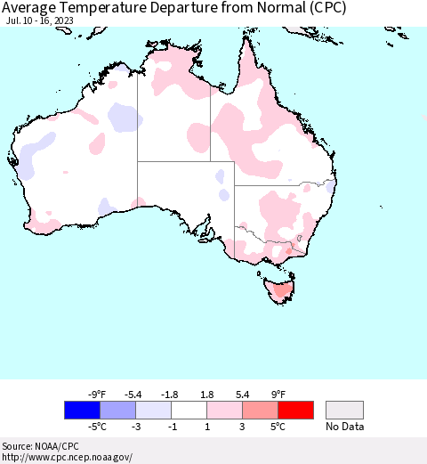 Australia Average Temperature Departure from Normal (CPC) Thematic Map For 7/10/2023 - 7/16/2023