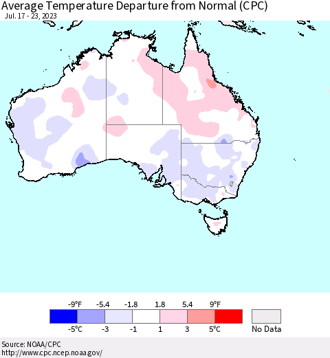 Australia Average Temperature Departure from Normal (CPC) Thematic Map For 7/17/2023 - 7/23/2023