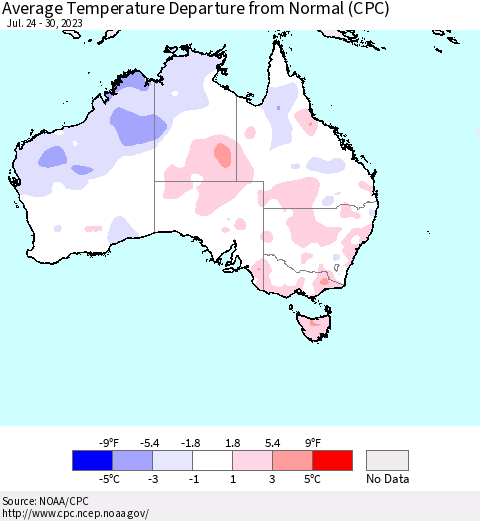 Australia Average Temperature Departure from Normal (CPC) Thematic Map For 7/24/2023 - 7/30/2023