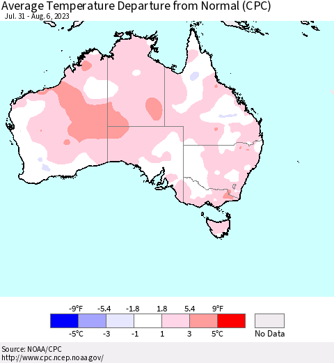 Australia Average Temperature Departure from Normal (CPC) Thematic Map For 7/31/2023 - 8/6/2023