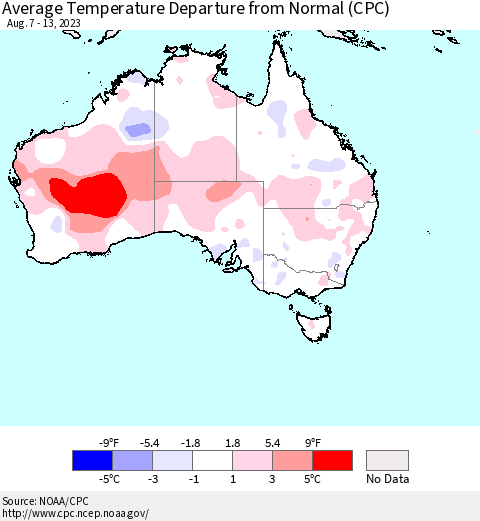 Australia Average Temperature Departure from Normal (CPC) Thematic Map For 8/7/2023 - 8/13/2023