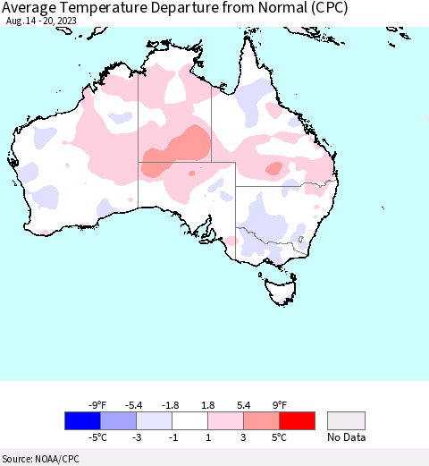 Australia Average Temperature Departure from Normal (CPC) Thematic Map For 8/14/2023 - 8/20/2023