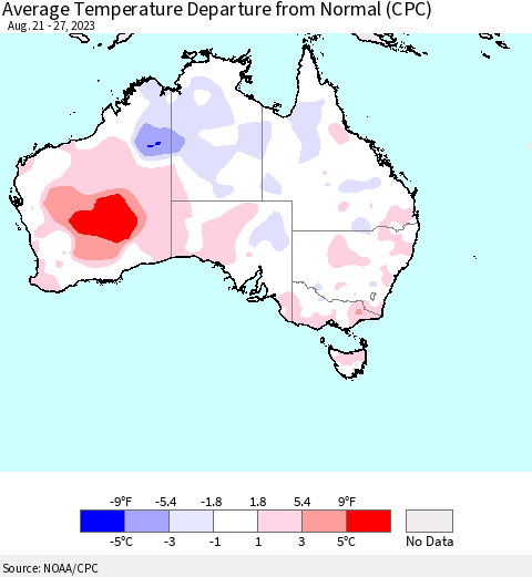 Australia Average Temperature Departure from Normal (CPC) Thematic Map For 8/21/2023 - 8/27/2023