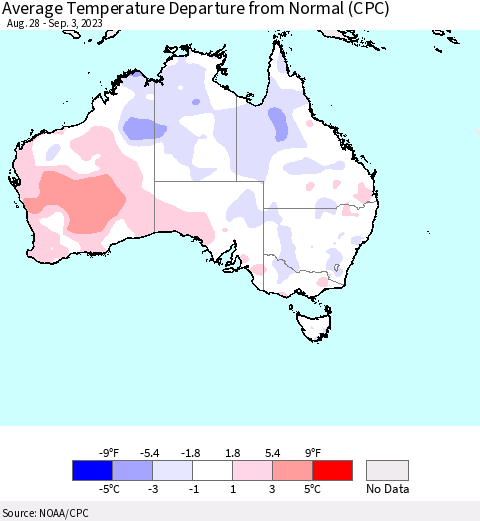 Australia Average Temperature Departure from Normal (CPC) Thematic Map For 8/28/2023 - 9/3/2023