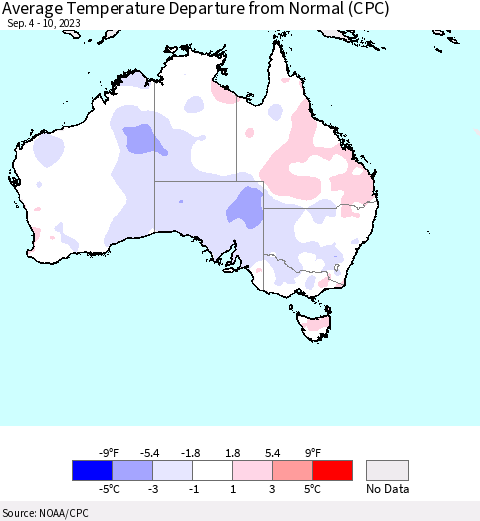Australia Average Temperature Departure from Normal (CPC) Thematic Map For 9/4/2023 - 9/10/2023
