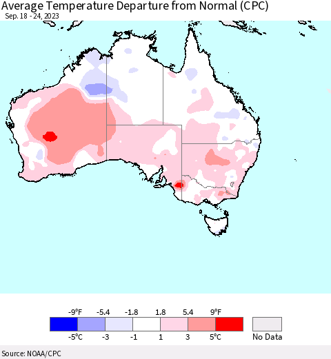 Australia Average Temperature Departure from Normal (CPC) Thematic Map For 9/18/2023 - 9/24/2023