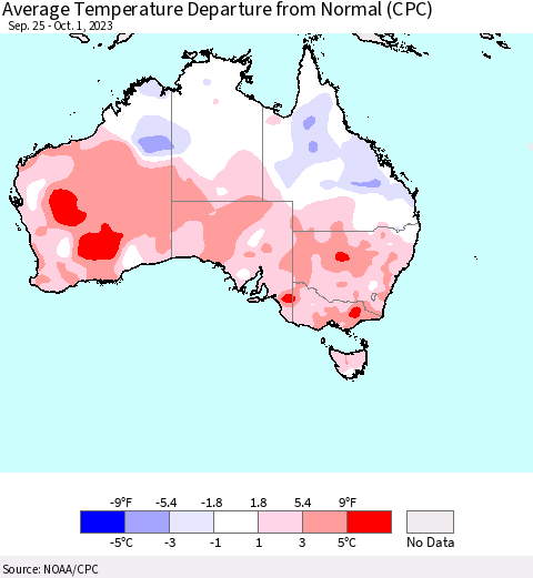 Australia Average Temperature Departure from Normal (CPC) Thematic Map For 9/25/2023 - 10/1/2023
