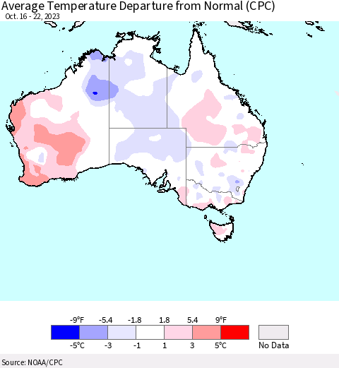 Australia Average Temperature Departure from Normal (CPC) Thematic Map For 10/16/2023 - 10/22/2023