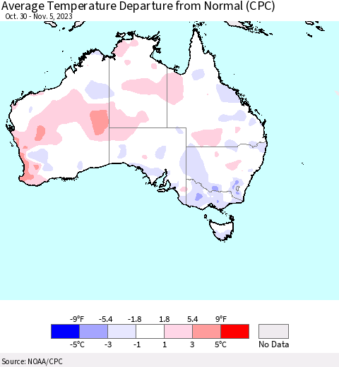 Australia Average Temperature Departure from Normal (CPC) Thematic Map For 10/30/2023 - 11/5/2023