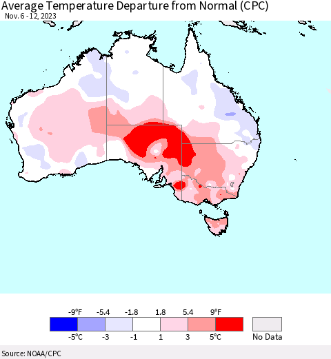 Australia Average Temperature Departure from Normal (CPC) Thematic Map For 11/6/2023 - 11/12/2023