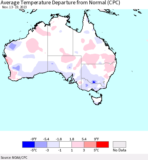 Australia Average Temperature Departure from Normal (CPC) Thematic Map For 11/13/2023 - 11/19/2023
