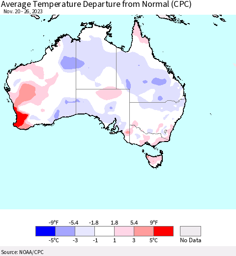 Australia Average Temperature Departure from Normal (CPC) Thematic Map For 11/20/2023 - 11/26/2023