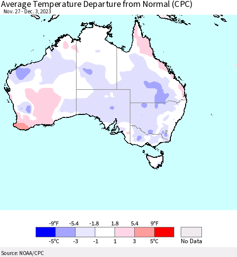 Australia Average Temperature Departure from Normal (CPC) Thematic Map For 11/27/2023 - 12/3/2023