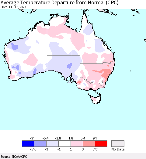 Australia Average Temperature Departure from Normal (CPC) Thematic Map For 12/11/2023 - 12/17/2023