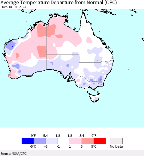 Australia Average Temperature Departure from Normal (CPC) Thematic Map For 12/18/2023 - 12/24/2023