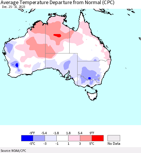 Australia Average Temperature Departure from Normal (CPC) Thematic Map For 12/25/2023 - 12/31/2023
