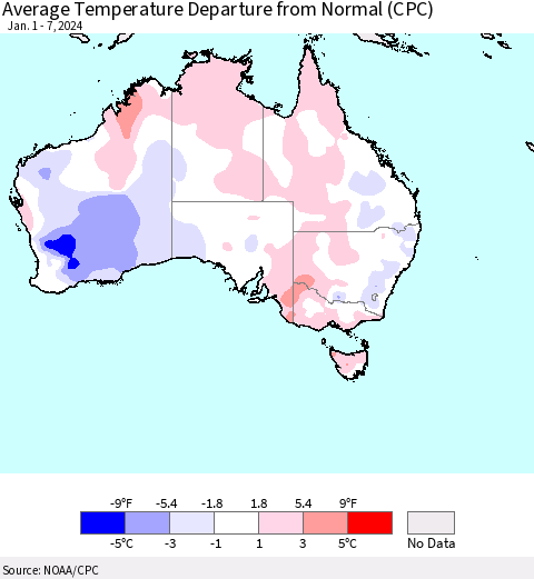 Australia Average Temperature Departure from Normal (CPC) Thematic Map For 1/1/2024 - 1/7/2024
