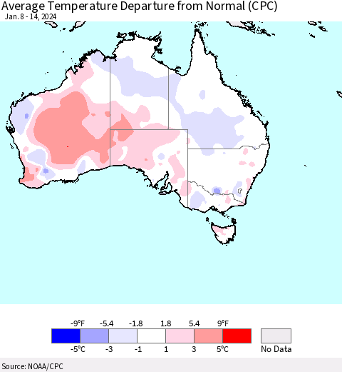 Australia Average Temperature Departure from Normal (CPC) Thematic Map For 1/8/2024 - 1/14/2024
