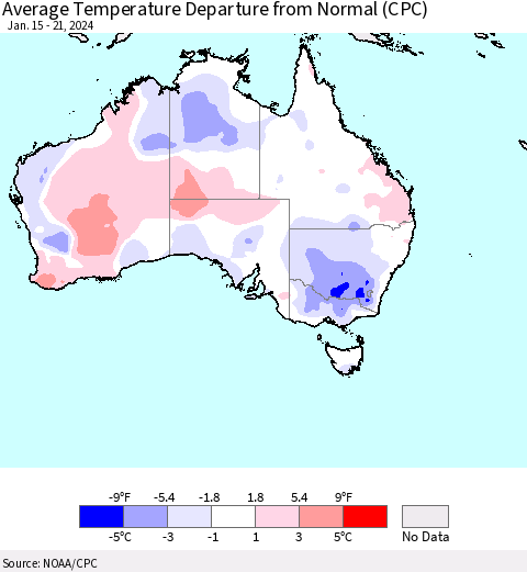 Australia Average Temperature Departure from Normal (CPC) Thematic Map For 1/15/2024 - 1/21/2024