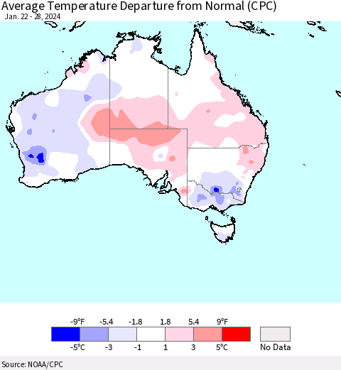 Australia Average Temperature Departure from Normal (CPC) Thematic Map For 1/22/2024 - 1/28/2024