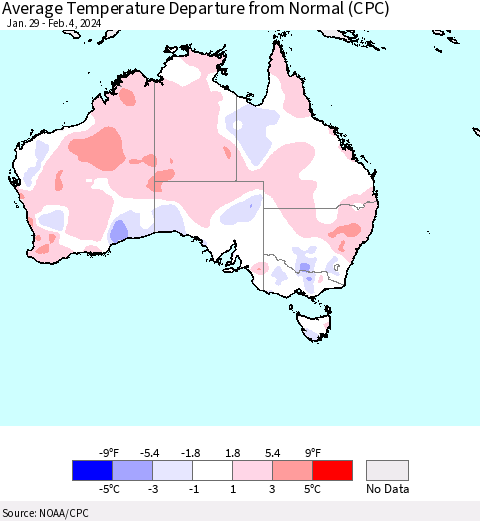 Australia Average Temperature Departure from Normal (CPC) Thematic Map For 1/29/2024 - 2/4/2024