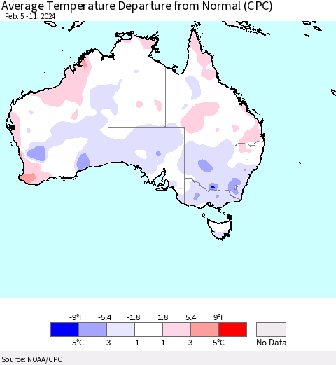 Australia Average Temperature Departure from Normal (CPC) Thematic Map For 2/5/2024 - 2/11/2024