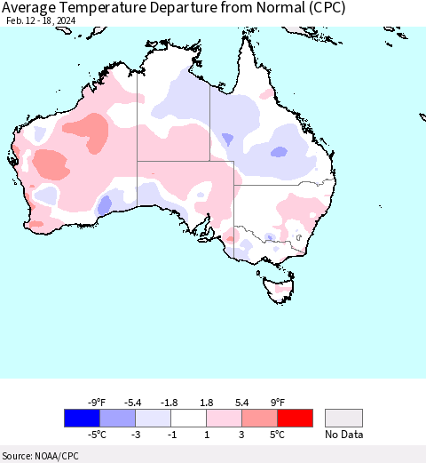 Australia Average Temperature Departure from Normal (CPC) Thematic Map For 2/12/2024 - 2/18/2024