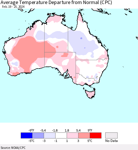 Australia Average Temperature Departure from Normal (CPC) Thematic Map For 2/19/2024 - 2/25/2024