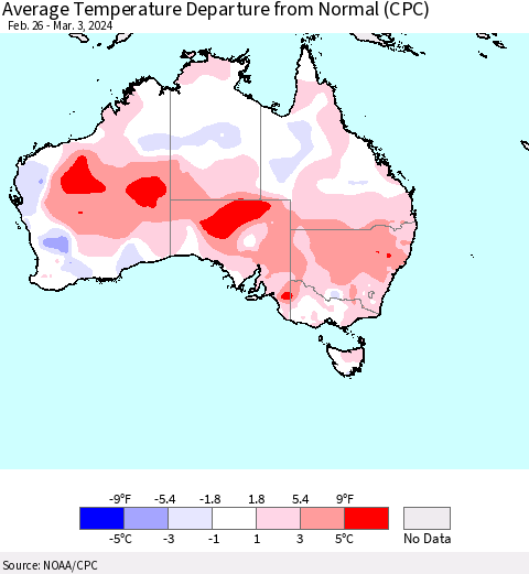 Australia Average Temperature Departure from Normal (CPC) Thematic Map For 2/26/2024 - 3/3/2024