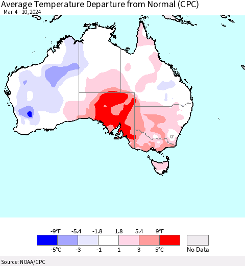 Australia Average Temperature Departure from Normal (CPC) Thematic Map For 3/4/2024 - 3/10/2024