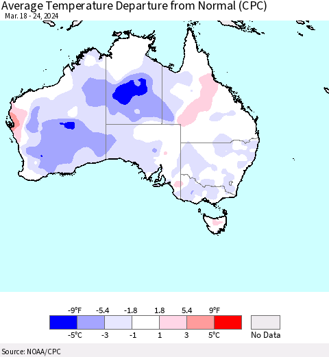 Australia Average Temperature Departure from Normal (CPC) Thematic Map For 3/18/2024 - 3/24/2024