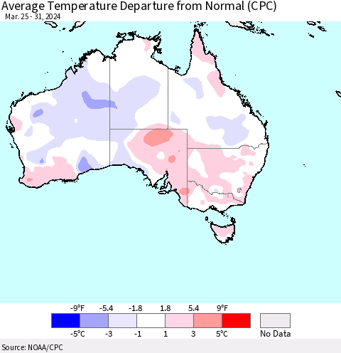 Australia Average Temperature Departure from Normal (CPC) Thematic Map For 3/25/2024 - 3/31/2024