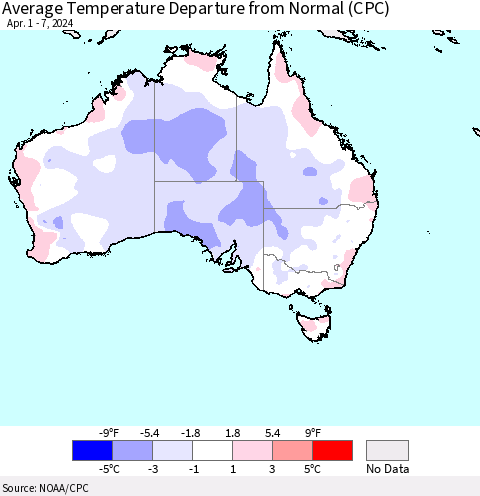 Australia Average Temperature Departure from Normal (CPC) Thematic Map For 4/1/2024 - 4/7/2024