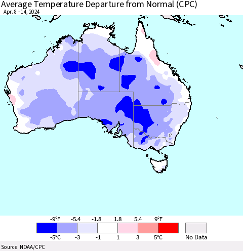 Australia Average Temperature Departure from Normal (CPC) Thematic Map For 4/8/2024 - 4/14/2024