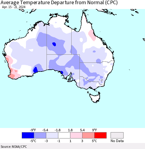 Australia Average Temperature Departure from Normal (CPC) Thematic Map For 4/15/2024 - 4/21/2024