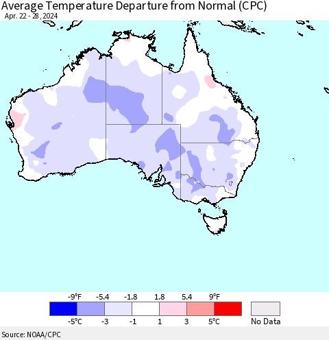 Australia Average Temperature Departure from Normal (CPC) Thematic Map For 4/22/2024 - 4/28/2024