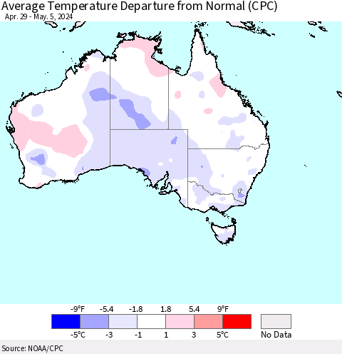 Australia Average Temperature Departure from Normal (CPC) Thematic Map For 4/29/2024 - 5/5/2024