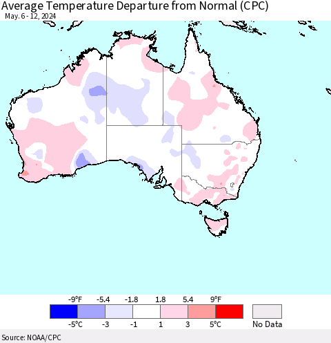 Australia Average Temperature Departure from Normal (CPC) Thematic Map For 5/6/2024 - 5/12/2024