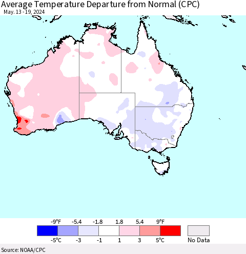 Australia Average Temperature Departure from Normal (CPC) Thematic Map For 5/13/2024 - 5/19/2024