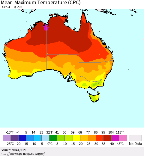 Australia Mean Maximum Temperature (CPC) Thematic Map For 10/4/2021 - 10/10/2021