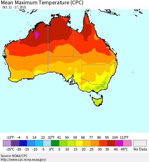 Australia Mean Maximum Temperature (CPC) Thematic Map For 10/11/2021 - 10/17/2021